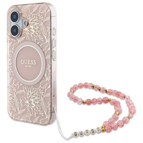 Etui GUESS IML Flowers Allover Electro With Pearl Strap MagSafe do Apple iPhone 16 Różowy