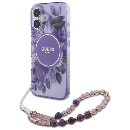 Etui GUESS IML Flowers With Pearl Strap MagSafe do Apple iPhone 16 Plus Fioletowy