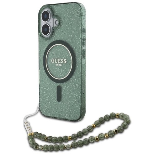Etui GUESS IML Glitter With Pearl Strap MagSafe do Apple iPhone 16 Plus Zielony