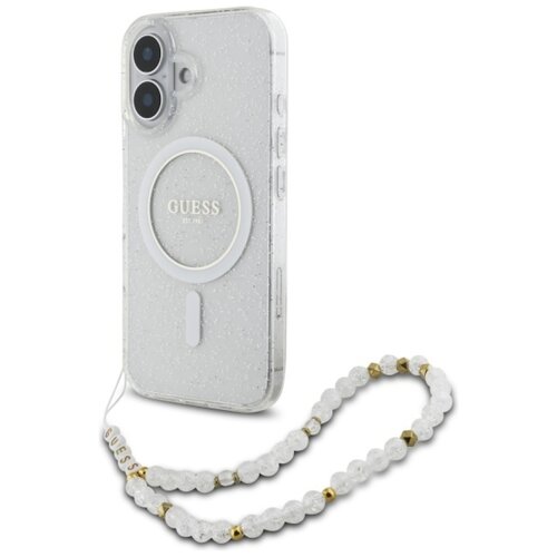Etui GUESS IML Glitter With Pearl Strap MagSafe do Apple iPhone 16 Plus Przezroczysty