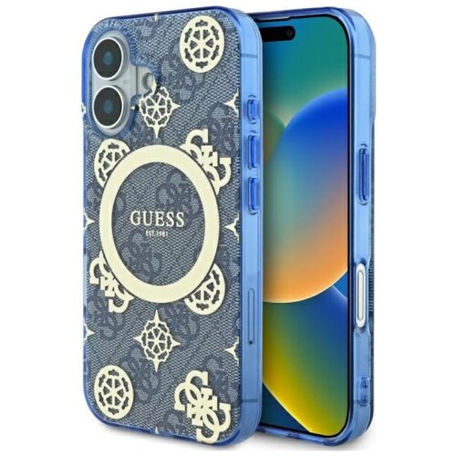 Etui GUESS IML Peony On 4G Background MagSafe do Apple iPhone 16 Niebieski
