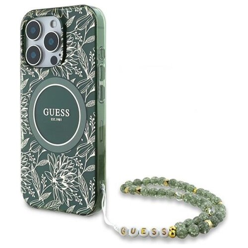 Etui GUESS IML Flowers Allover Electro With Pearl Strap MagSafe do Apple iPhone 16 Pro Zielony