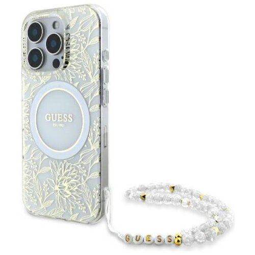 Etui GUESS IML Flowers Allover Electro With Pearl Strap MagSafe do Apple iPhone 16 Pro Biały