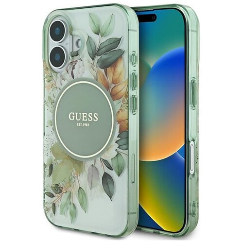 Etui GUESS IML Flower & Tonal Circle MagSafe do Apple iPhone 16 Plus Zielony