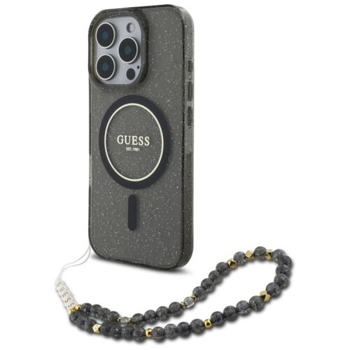 Etui GUESS IML Glitter With Pearl Strap MagSafe do Apple iPhone 16 Pro Czarny