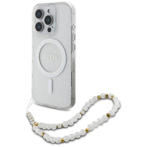 Etui GUESS IML Glitter With Pearl Strap MagSafe do Apple iPhone 16 Pro Przezroczysty