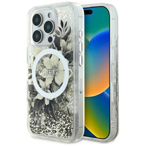 Etui GUESS Liquid Glitter Flower MagSafe do Apple iPhone 16 Pro Beżowy
