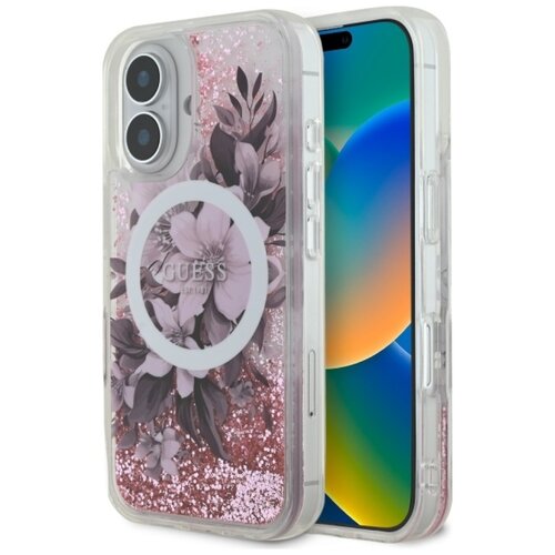 Etui GUESS Liquid Glitter Flower MagSafe do Apple iPhone 16 Różowy