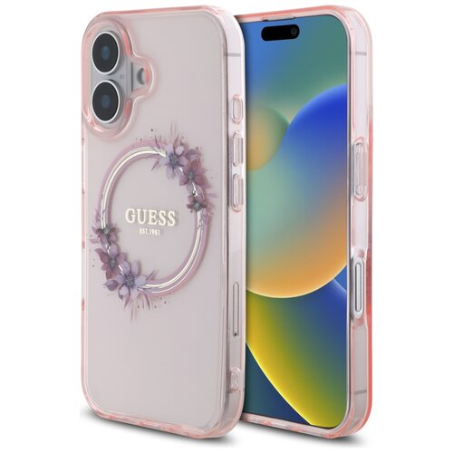 Etui GUESS IML Flowers Wreath MagSafe do Apple iPhone 16 Różowy