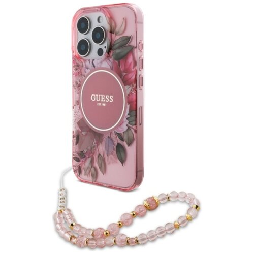 Etui GUESS IML Flowers With Pearl Strap MagSafe do Apple iPhone 16 Pro Max Różowy