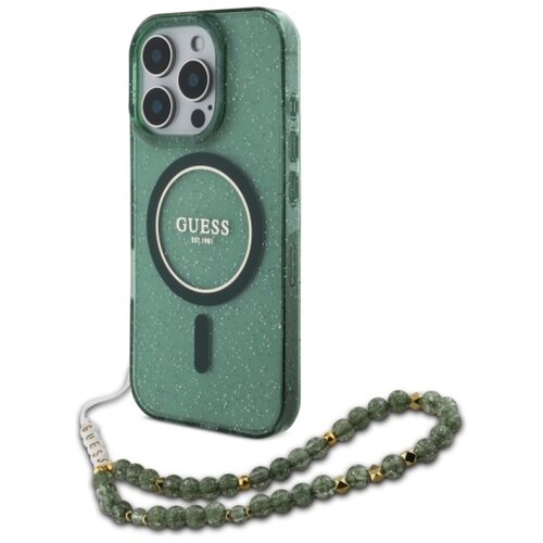 Etui GUESS IML Glitter With Pearl Strap MagSafe do Apple iPhone 16 Pro Max Zielony