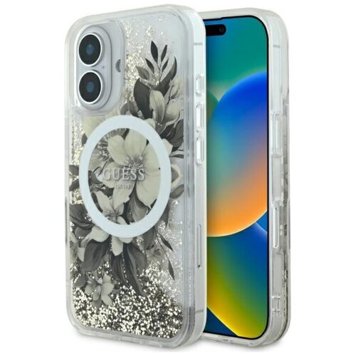 Etui GUESS Liquid Glitter Flower MagSafe do Apple iPhone 16 Beżowy