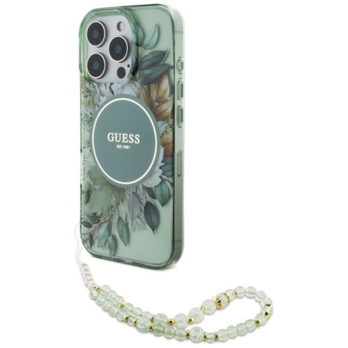 Etui GUESS IML Flowers With Pearl Strap MagSafe do Apple iPhone 16 Pro Max Zielony