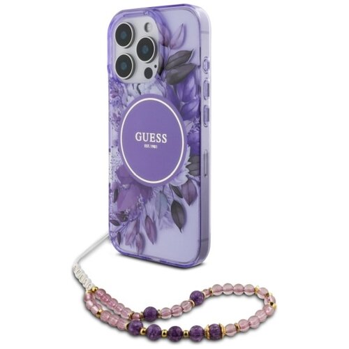 Etui GUESS IML Flowers With Pearl Strap MagSafe do Apple iPhone 16 Pro Max Fioletowy