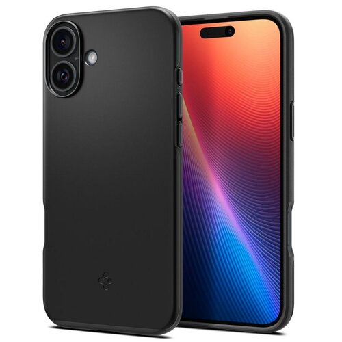 Czarne etui na telefon z widocznym logo producenta w dolnej części. Obok etui znajduje się telefon z kolorowym gradientem na ekranie.