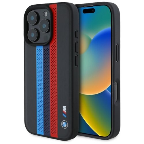 Czarne etui na telefon z trzema pionowymi, perforowanymi paskami w kolorach niebieskim, granatowym i czerwonym. Na dole etui znajduje się logo z literą "M" oraz okrągłe logo z niebiesko-białym motywem.