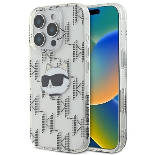 Przezroczyste etui na telefon z nadrukiem przedstawiającym stylizowaną głowę kota w okularach przeciwsłonecznych oraz wzorem z liter "K" i "L" w kropki. Na boku etui widnieje napis "KARL LAGERFELD".