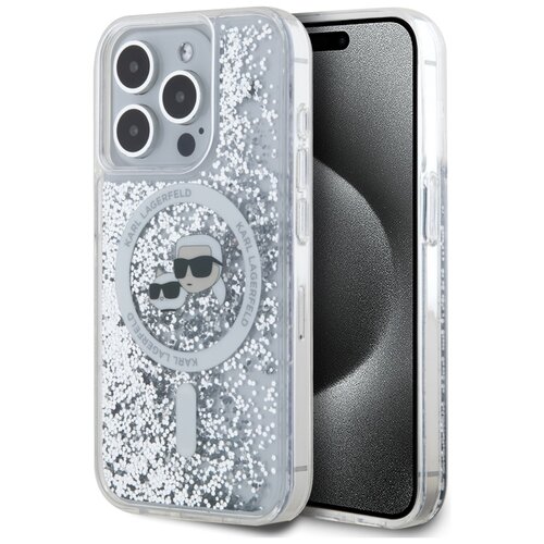 Etui KARL LAGERFELD Liquid Glitter Karl & Choupette Head Magsafe do Apple iPhone 15 Pro Przezroczysty