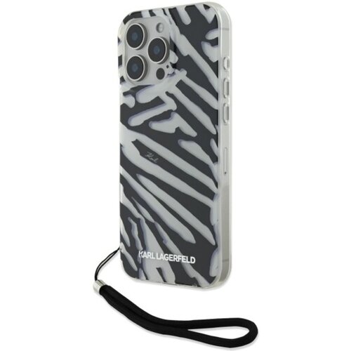 Etui na telefon z wzorem zebry w kolorach czarnym i białym, z widocznym napisem "KARL LAGERFELD" na dole. Do etui przymocowany jest czarny sznurek, a na boku znajdują się przyciski telefonu.