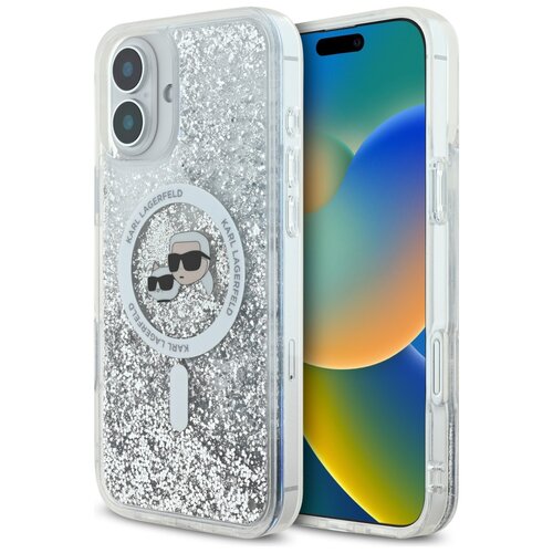 Etui KARL LAGERFELD Liquid Glitter Karl&Choupette Head Magsafe do Apple iPhone 16 Plus Przezroczysty