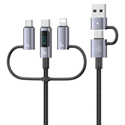Kabel USB-C/USB-A - USB-C/Micro USB/Lightning USAMS z wyświetlaczem 6w1 60W DP Fast Charging 2m Czarno-srebrny