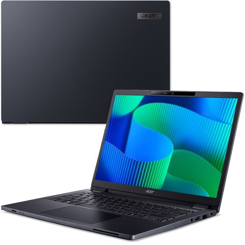 Na zdjęciu widoczny jest laptop z otwartym ekranem, na którym wyświetlany jest kolorowy wzór z niebieskimi i zielonymi falami. Obok znajduje się zamknięta pokrywa laptopa z logo "acer".