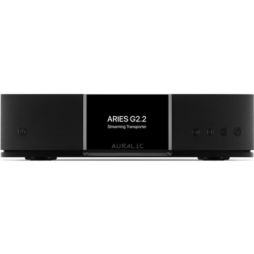 Czarny odtwarzacz sieciowy z wyświetlaczem pokazującym tekst "ARIES G2.2 Streaming Transporter" oraz logo "AURALiC" poniżej. Na obudowie znajdują się przyciski i włącznik.