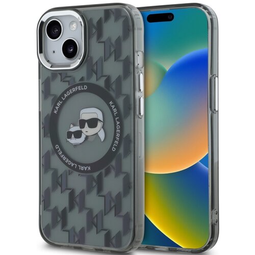 Przezroczyste etui na telefon z czarnym wzorem monogramu i okrągłym emblematem przedstawiającym postacie w okularach przeciwsłonecznych, otoczone napisem "KARL LAGERFELD". W tle widoczny jest ekran telefonu z kolorowym gradientem.