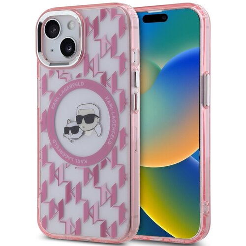 Różowe etui na telefon z wzorem monogramu i okrągłym emblematem przedstawiającym postacie w okularach przeciwsłonecznych, otoczone napisem "KARL LAGERFELD". W tle widoczny jest ekran telefonu z kolorowym gradientem.