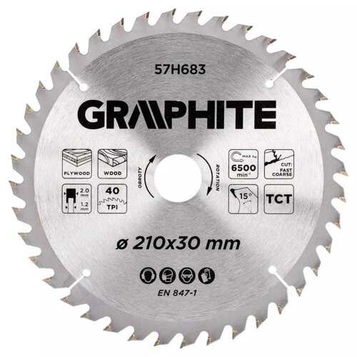 Na zdjęciu znajduje się tarcza do cięcia z oznaczeniami: "57H683", "GRAPHITE", "Plywood", "Wood", "2.0 mm", "1.2 mm", "40 TPI", "Max 6500 min⁻¹", "Rotation 15°", "TCT", "Ø 210x30 mm", "EN 847-1". Tarcza ma zęby rozmieszczone równomiernie na obwodzie.