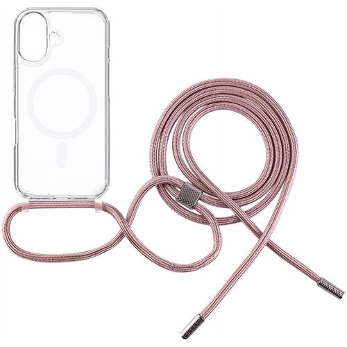 Etui FIXED MagPure Neck MagSafe do Apple iPhone 16 Plus Przezroczysty + różowa smycz
