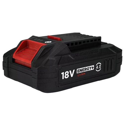 Czarny akumulator z czerwonymi elementami, na którym widnieje napis "18V ENERGY+ system 4.0". Obudowa ma wyraźne linie i teksturę, a na górze znajduje się przycisk z symbolem włączania.