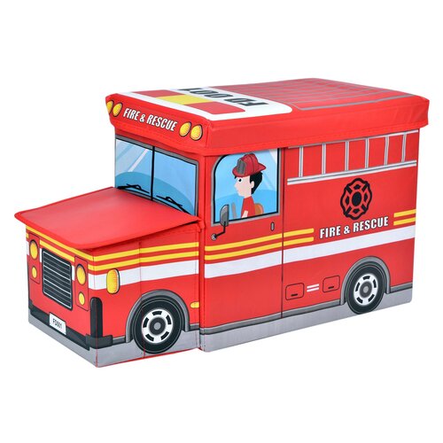 Czerwona pufa w kształcie wozu strażackiego z napisem "FIRE & RESCUE" oraz grafiką strażaka w oknie. Na przodzie widoczne są reflektory, atrapa chłodnicy i tablica rejestracyjna z napisem "FD001".