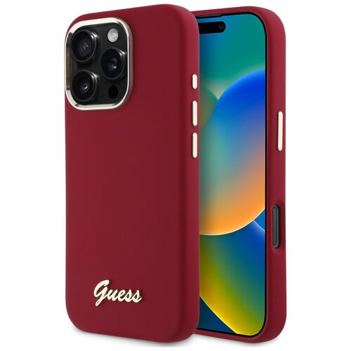 Etui GUESS Silicone Script Metal Logo do Apple iPhone 16 Pro Bordowy