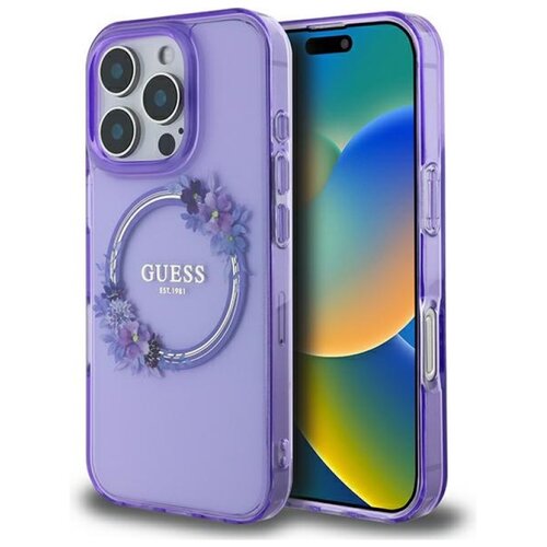 Etui GUESS IML Flowers Wreath MagSafe do Apple iPhone 16 Pro Max Fioletowy
