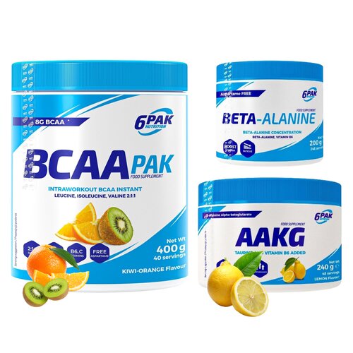 Aminokwasy Beta-alanina 6PAK (200 g) + Aminokwasy AAKG 6PAK Cytrynowy (240 g) + Aminokwasy BCAA 6PAK Pak Kiwi-pomarańczowy (400 g)