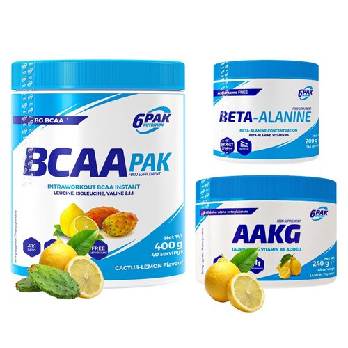Aminokwasy Beta-alanina 6PAK (200 g) + Aminokwasy AAKG 6PAK Cytrynowy (240 g) + Aminokwasy BCAA 6PAK Pak Cytrynowo-kaktusowy (400 g)