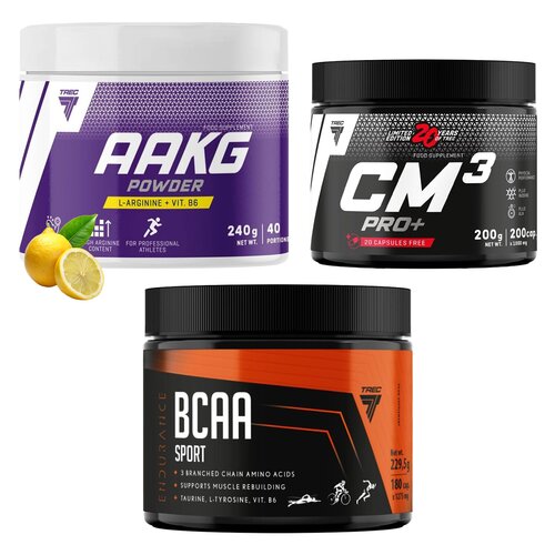 Kreatyna TREC NUTRITION CM3 Pro+ (200 kapsułek) + Aminokwasy BCAA TREC NUTRITION Sport (180 kapsułek) + Aminokwasy AAKG Powder Cytrynowy (240 g)