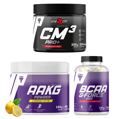 Kreatyna TREC NUTRITION CM3 Pro+ (200 kapsułek) + Aminokwasy BCAA TREC NUTRITION G-force 1150 (180 kapsułek) + Aminokwasy AAKG Powder Cytrynowy (240 g)