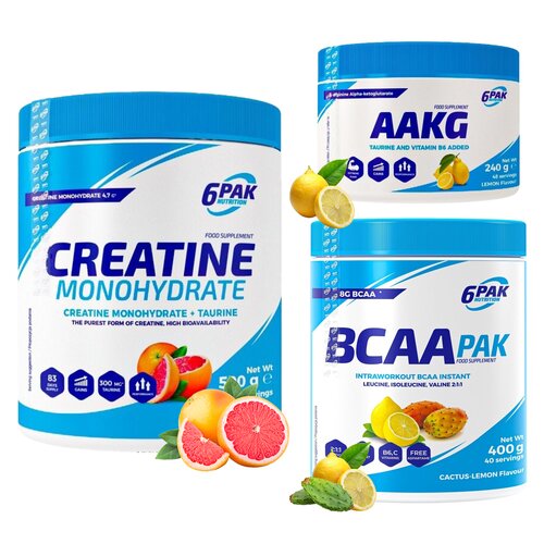 Monohydrat kreatyny 6PAK Grejpfrutowy (500 g) + Aminokwasy BCAA 6PAK Pak Cytrynowo-kaktusowy (400 g) + Aminokwasy AAKG 6PAK Cytrynowy (240 g)