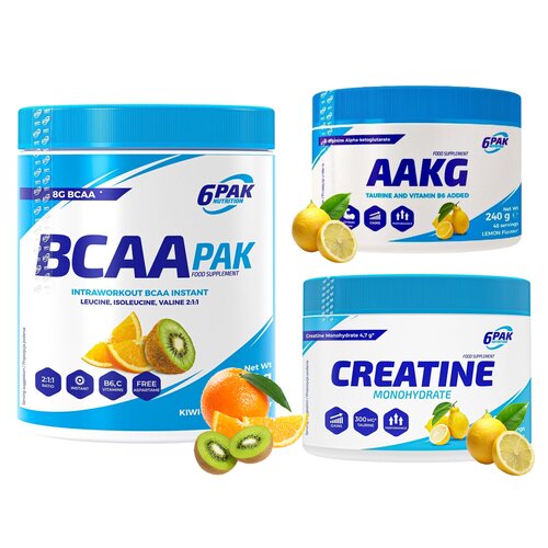 Monohydrat kreatyny 6PAK Cytrynowy (300 g) + Aminokwasy BCAA 6PAK Pak Kiwi-pomarańczowy (400 g) + Aminokwasy AAKG 6PAK Cytrynowy (240 g)