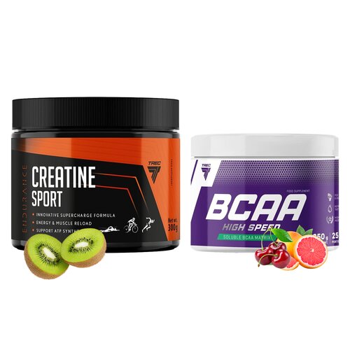Aminokwasy BCAA TREC NUTRITION High Speed Wiśniowo-grejpfrutowy (250 g) + Monohydrat kreatyny TREC NUTRITION Endurance Kiwi (300 g)