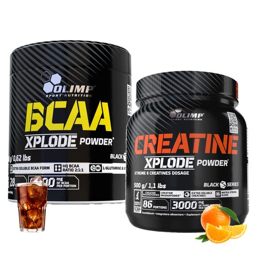 Aminokwasy BCAA OLIMP Xplode Powder Cola (280 g) + Kreatyna OLIMP Xplode Powder Pomarańczowy (500 g)