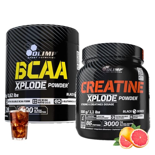 Aminokwasy BCAA OLIMP Xplode Powder Cola (280 g) + Kreatyna OLIMP Xplode Powder Grejpfrutowy (500 g)