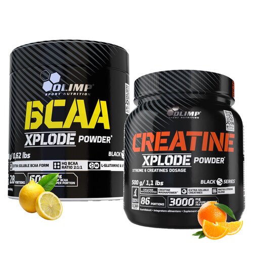Aminokwasy BCAA OLIMP Xplode Powder Cytrynowy (280 g) + Kreatyna OLIMP Xplode Powder Pomarańczowy (500 g)