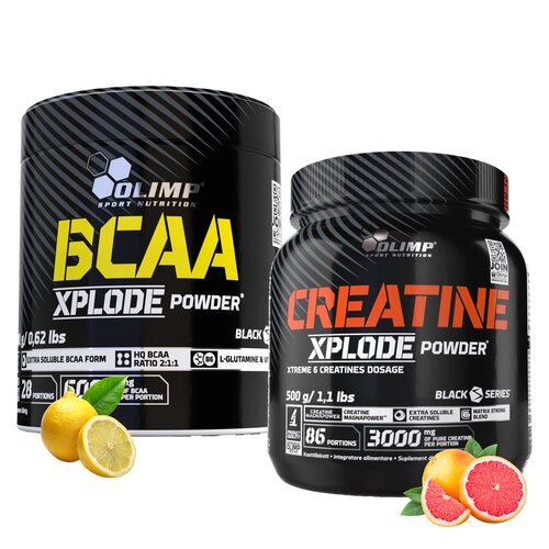 Aminokwasy BCAA OLIMP Xplode Powder Cytrynowy (280 g) + Kreatyna OLIMP Xplode Powder Grejpfrutowy (500 g)