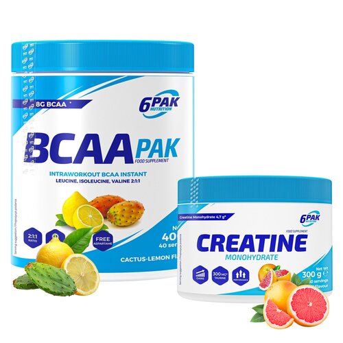 Aminokwasy BCAA 6PAK Pak Cytrynowo-kaktusowy (400 g) + Monohydrat kreatyny 6PAK Grejpfrutowy (300 g)