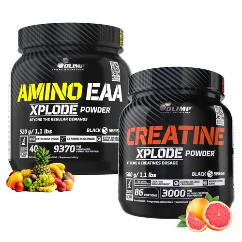 Aminokwasy EAA OLIMP Xplode Powder Owocowy (520 g) + Kreatyna OLIMP Xplode Powder Grejpfrutowy (500 g)