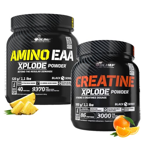 Aminokwasy EAA OLIMP Xplode Powder Ananasowy (520 g) + Kreatyna OLIMP Xplode Powder Pomarańczowy (500 g)