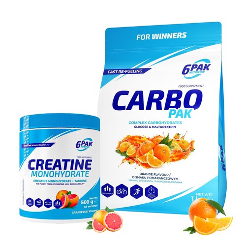 Odżywka węglowodanowa 6PAK Carbo Pak Pomarańczowy (1000 g) + Monohydrat kreatyny 6PAK Grejpfrutowy (500 g)